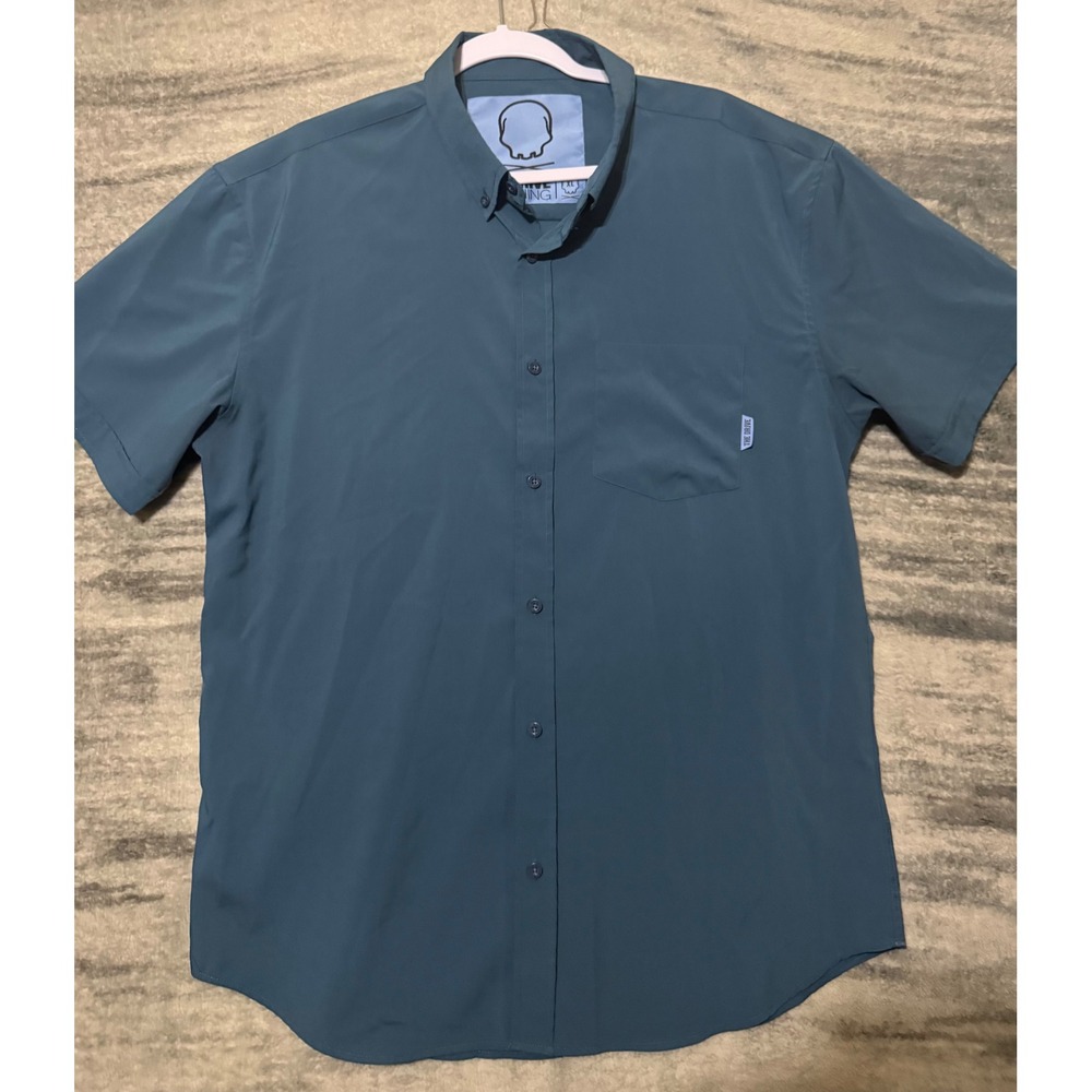 The Drive Clothing Mens XL Short Button Down Shirt Teal Blue Stretch Skull